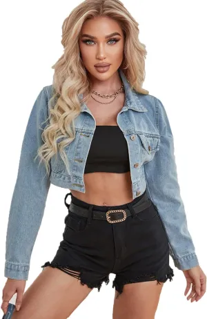 Women's Cropped Jean Jacket Button Up Casual Ripped Frayed Washed Denim Jacket