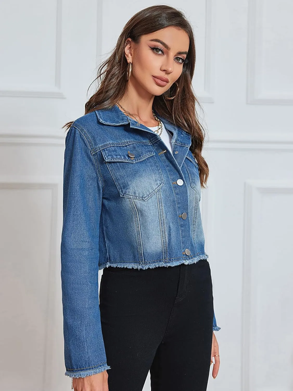 Women's Cropped Jean Jacket Button Up Casual Ripped Frayed Washed Denim Jacket