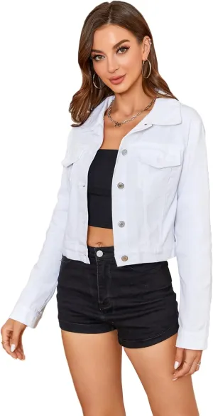 Women's Cropped Jean Jacket Button Up Casual Ripped Frayed Washed Denim Jacket