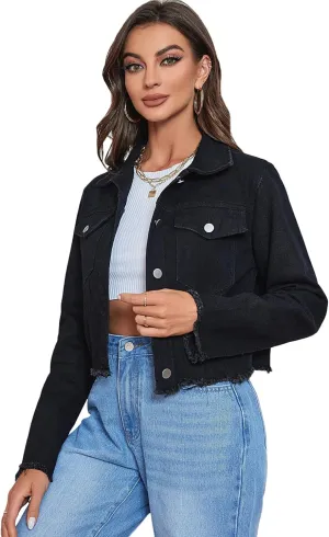 Women's Cropped Jean Jacket Button Up Casual Ripped Frayed Washed Denim Jacket