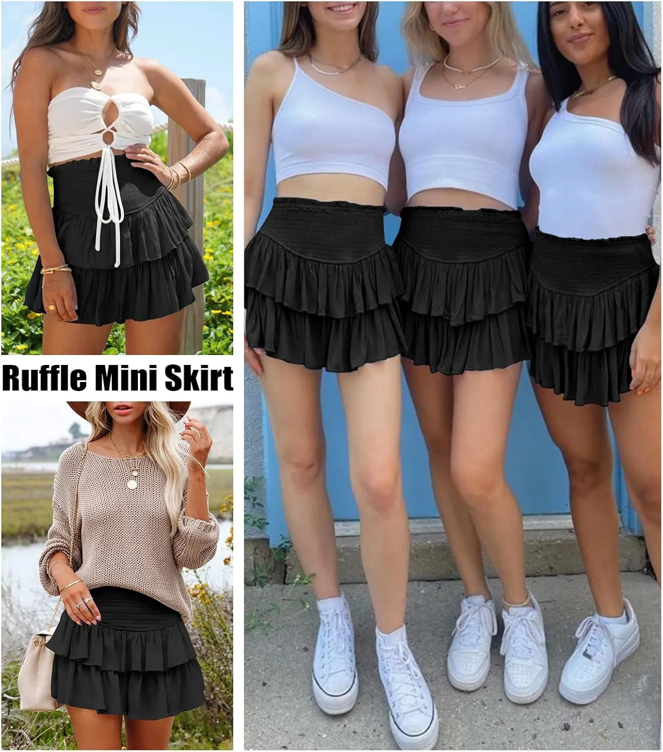 Women's Cute High Waist Ruffle Mini Skirt Layered Ruffle Hem Flared Flowy Casual Swing Beach Mini Short Skirt