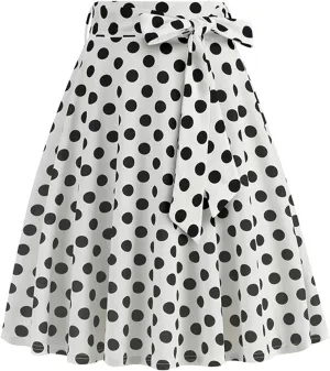 Womens Cute Polka Dot Skirts Elegant Bow Tie Lace-Up Summer Lightweight Comfy A-Line Pleated Midi Skirts