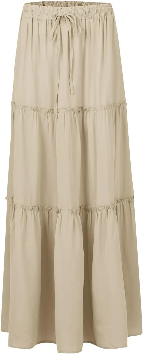 Women's Elastic High Waist Pleated Flared Classic Vacation A-Line Floor Length Skirts, S-2XL