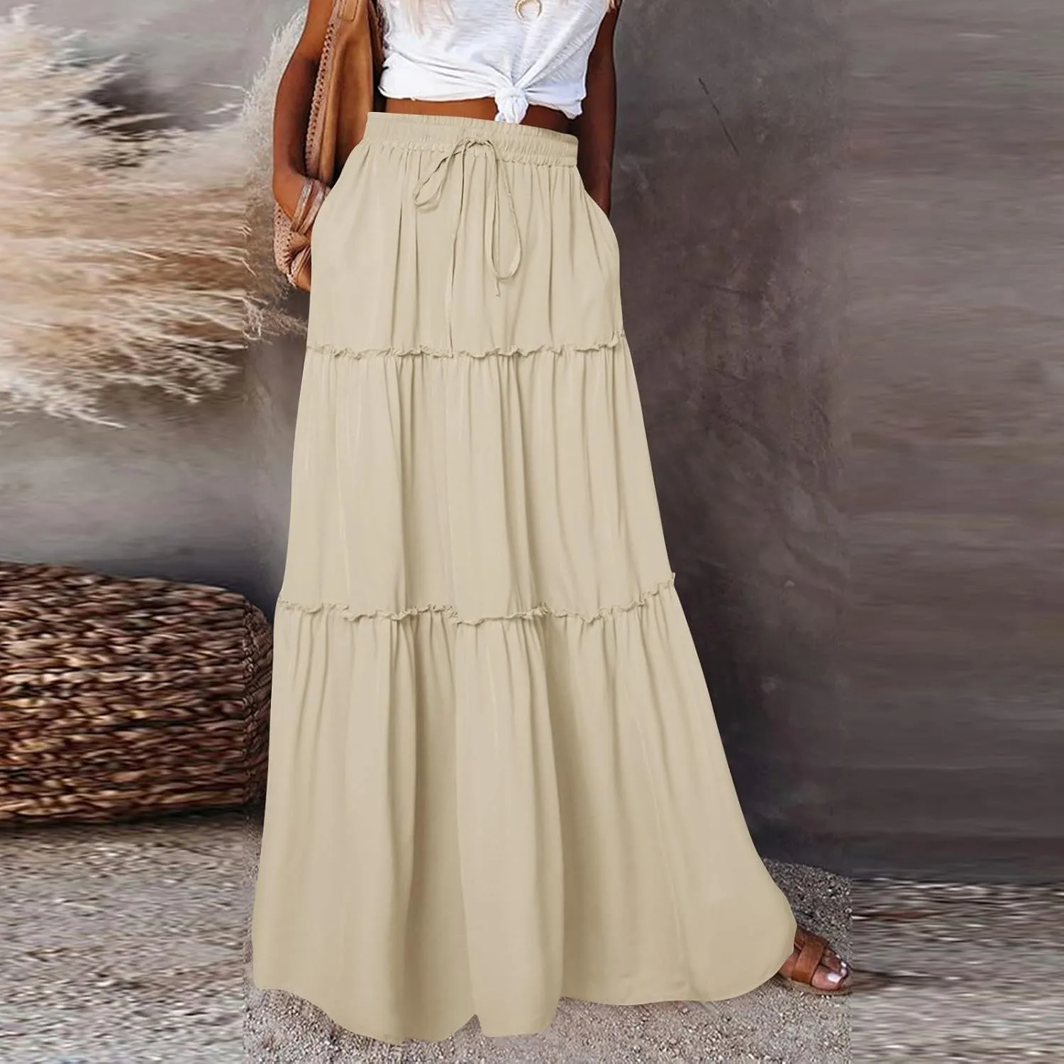 Women's Elastic High Waist Pleated Flared Classic Vacation A-Line Floor Length Skirts, S-2XL