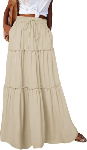 Women's Elastic High Waist Pleated Flared Classic Vacation A-Line Floor Length Skirts, S-2XL