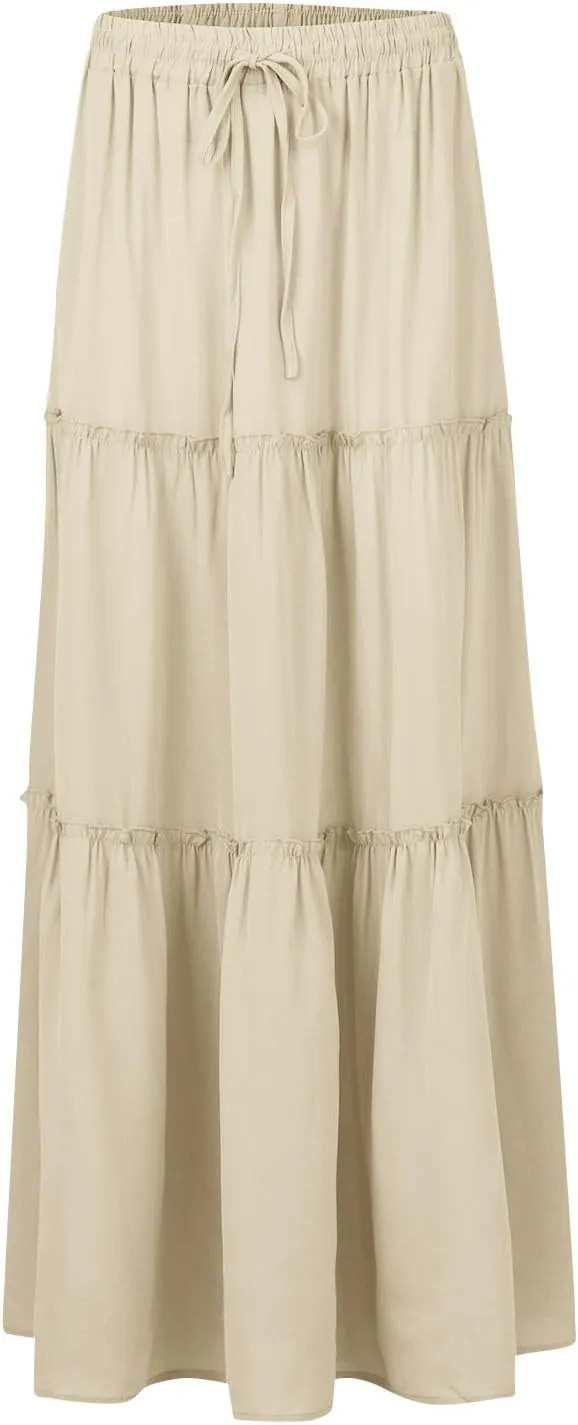 Women's Elastic High Waist Pleated Flared Classic Vacation A-Line Floor Length Skirts, S-2XL