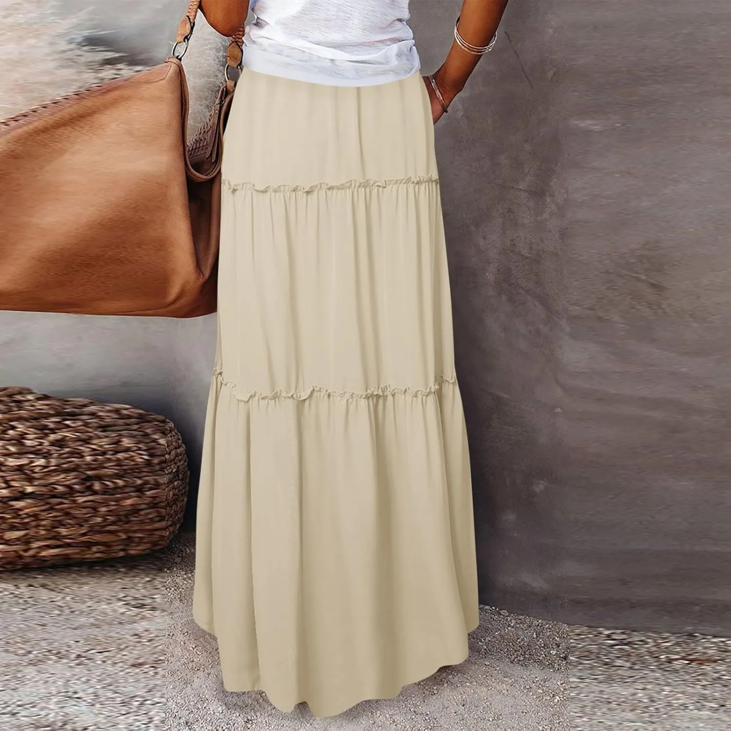 Women's Elastic High Waist Pleated Flared Classic Vacation A-Line Floor Length Skirts, S-2XL
