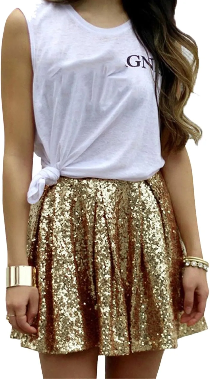 Women's Fashion High Waist Pleated Solid Color Short Skirt Loose Sequin Skirt Top and Midi Skirt