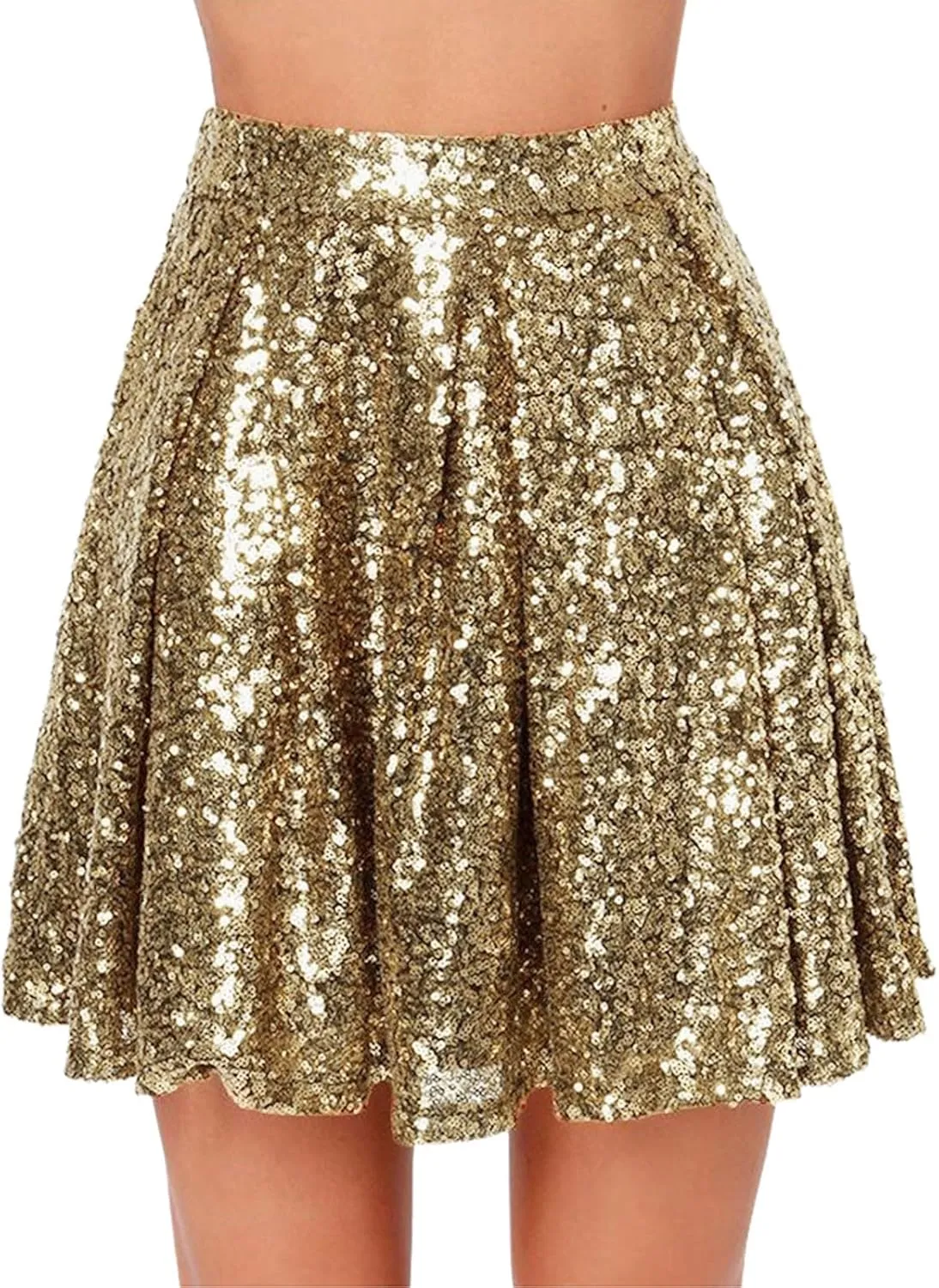 Women's Fashion High Waist Pleated Solid Color Short Skirt Loose Sequin Skirt Top and Midi Skirt