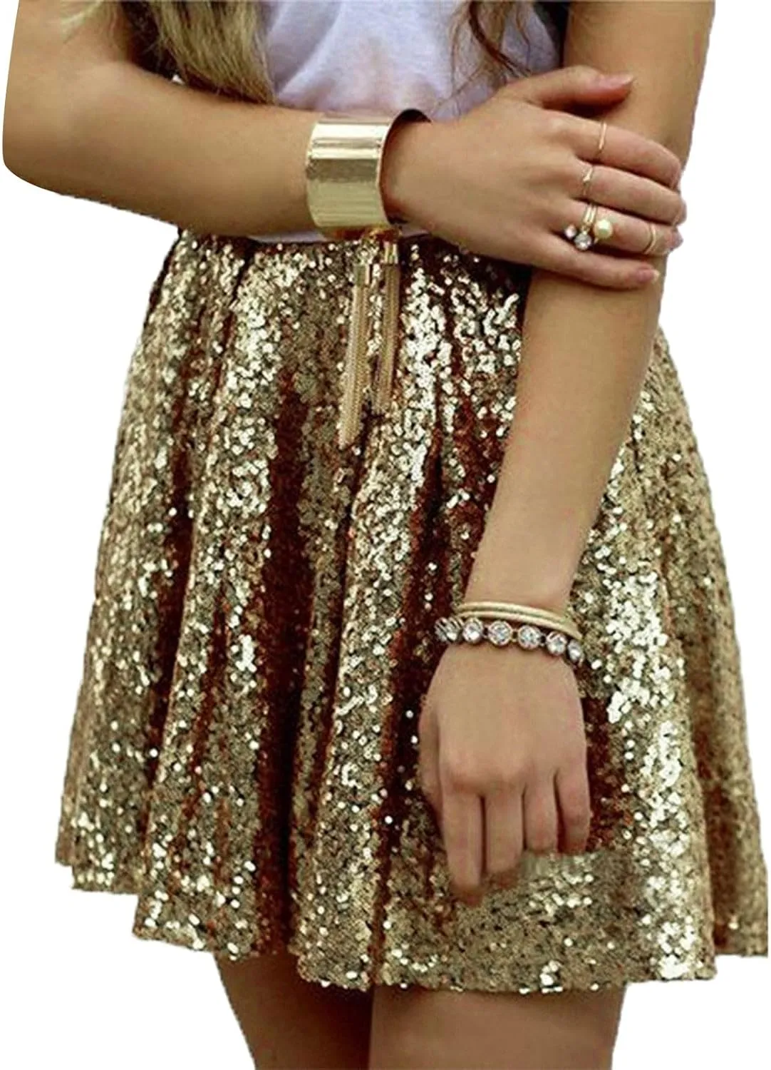 Women's Fashion High Waist Pleated Solid Color Short Skirt Loose Sequin Skirt Top and Midi Skirt