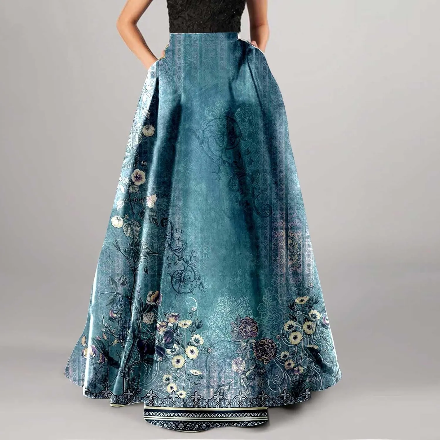 Womens Floral Print Boho Maxi Skirt Elastic High Waisted Tiered Ruffle Flowy Long Summer Beach Skirt with Pockets