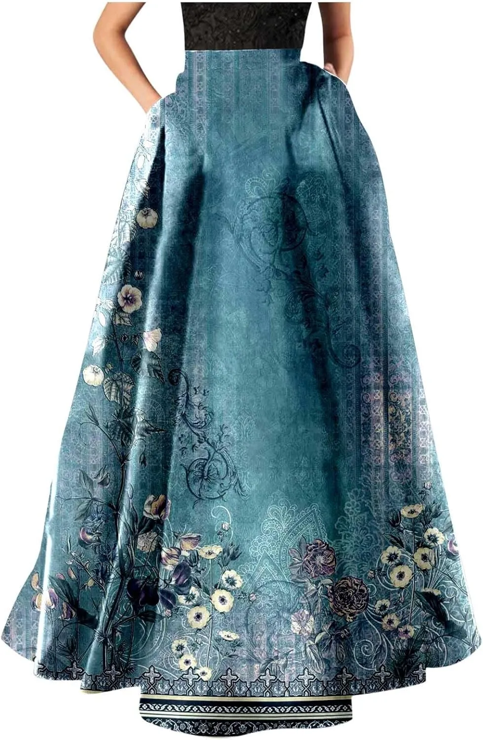 Womens Floral Print Boho Maxi Skirt Elastic High Waisted Tiered Ruffle Flowy Long Summer Beach Skirt with Pockets