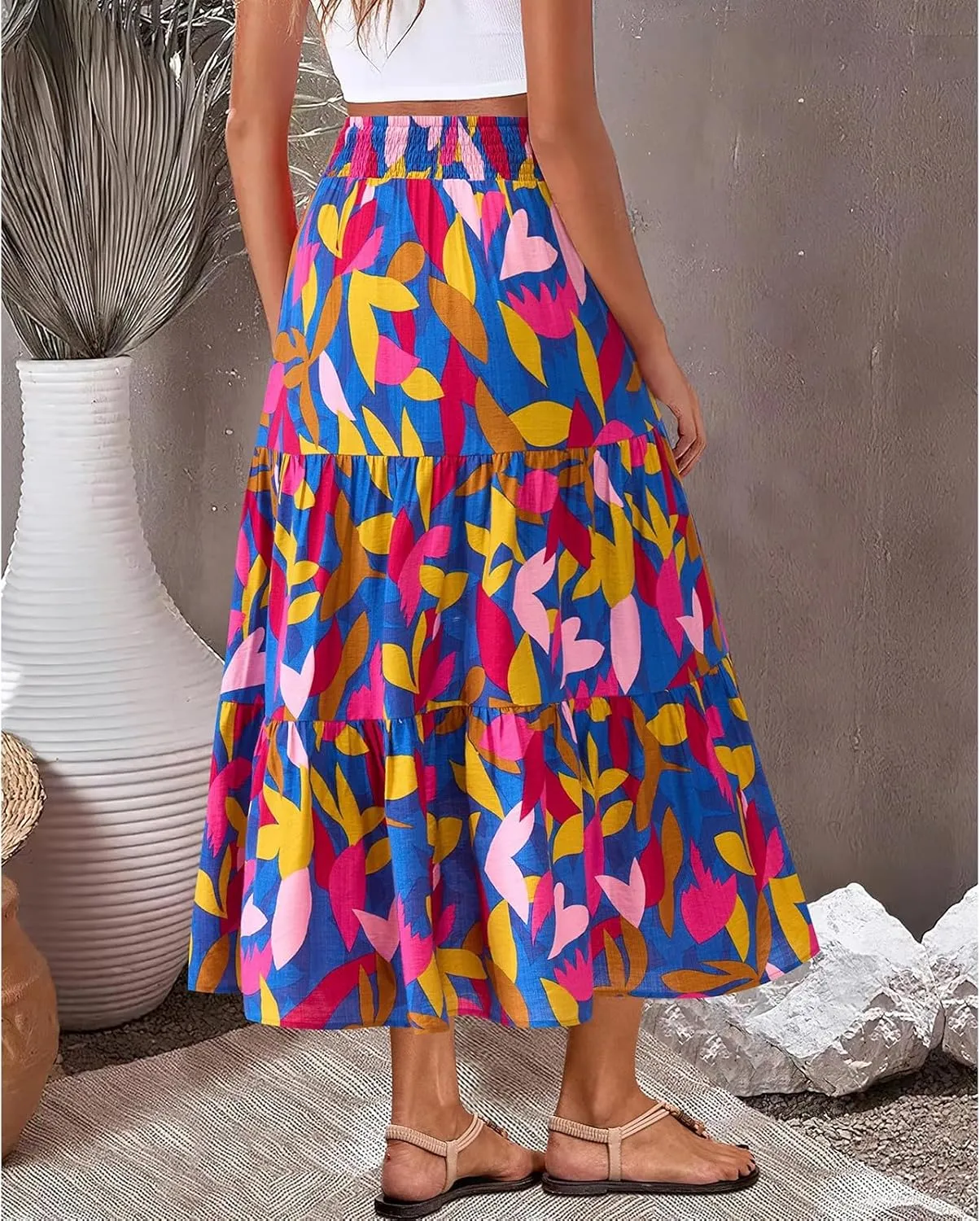 Women's Floral Print Midi Maxi Skirts: 2025 Summer Casual Aline Elastic High Waist Pleated Flowy Long Skirt Pockets