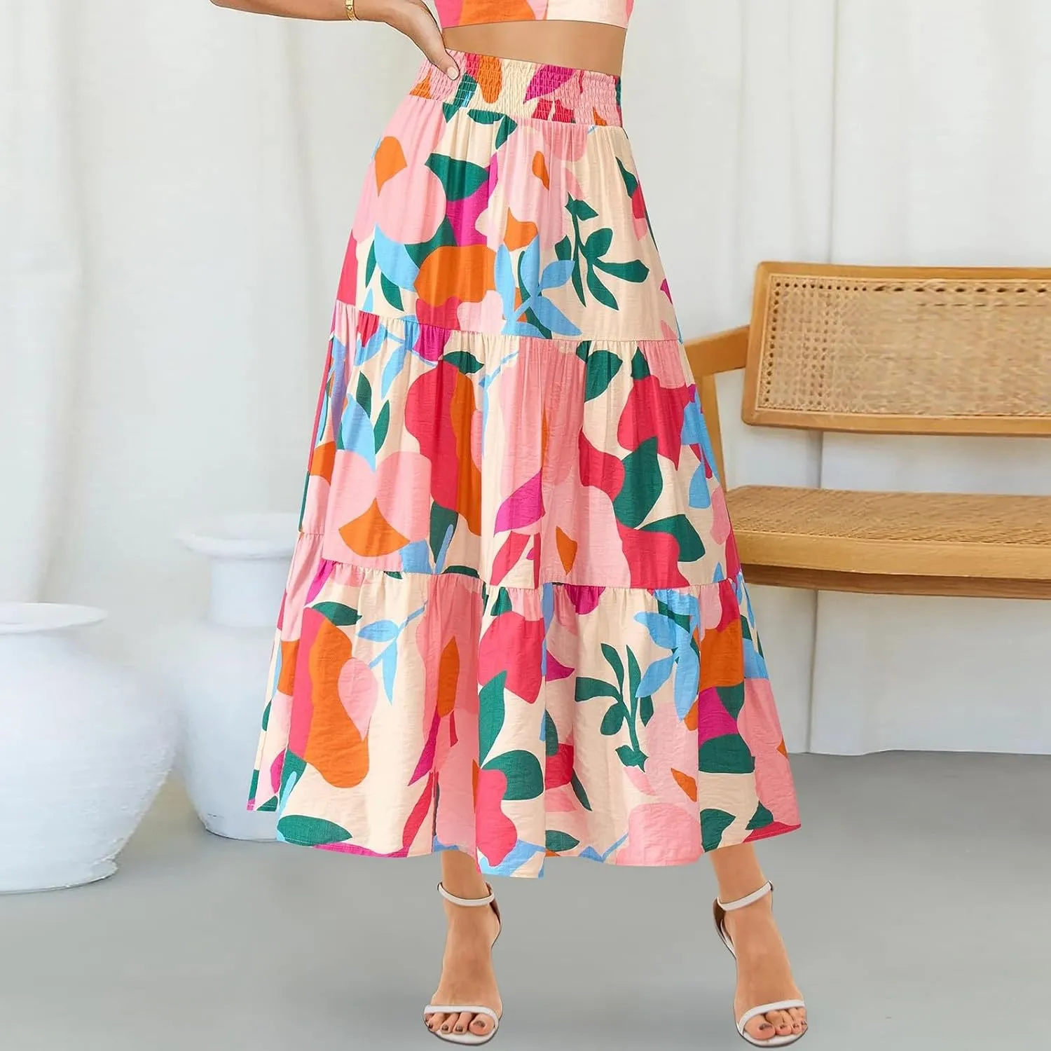 Women's Floral Print Midi Maxi Skirts: 2025 Summer Casual Aline Elastic High Waist Pleated Flowy Long Skirt Pockets