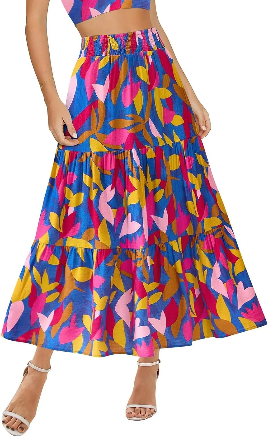 Women's Floral Print Midi Maxi Skirts: 2025 Summer Casual Aline Elastic High Waist Pleated Flowy Long Skirt Pockets