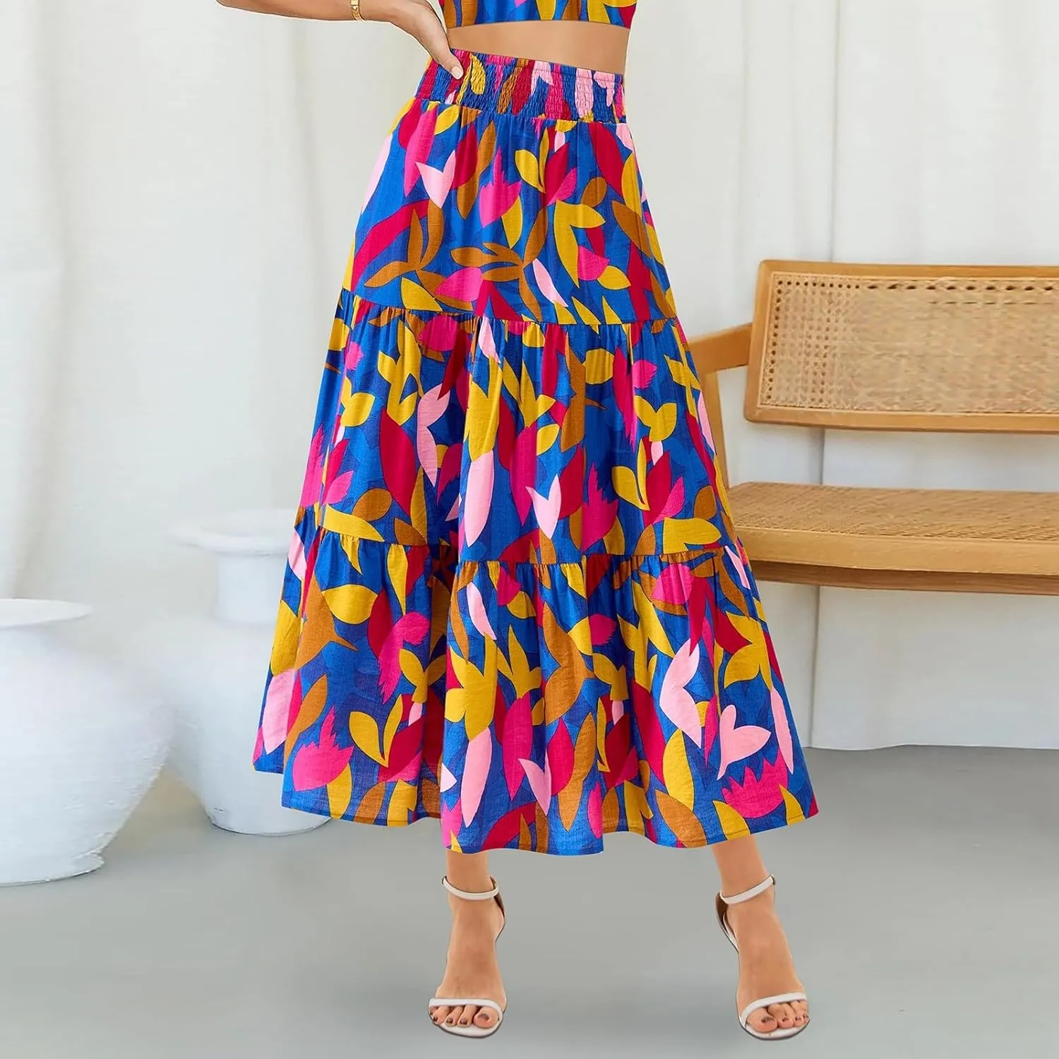 Women's Floral Print Midi Maxi Skirts: 2025 Summer Casual Aline Elastic High Waist Pleated Flowy Long Skirt Pockets