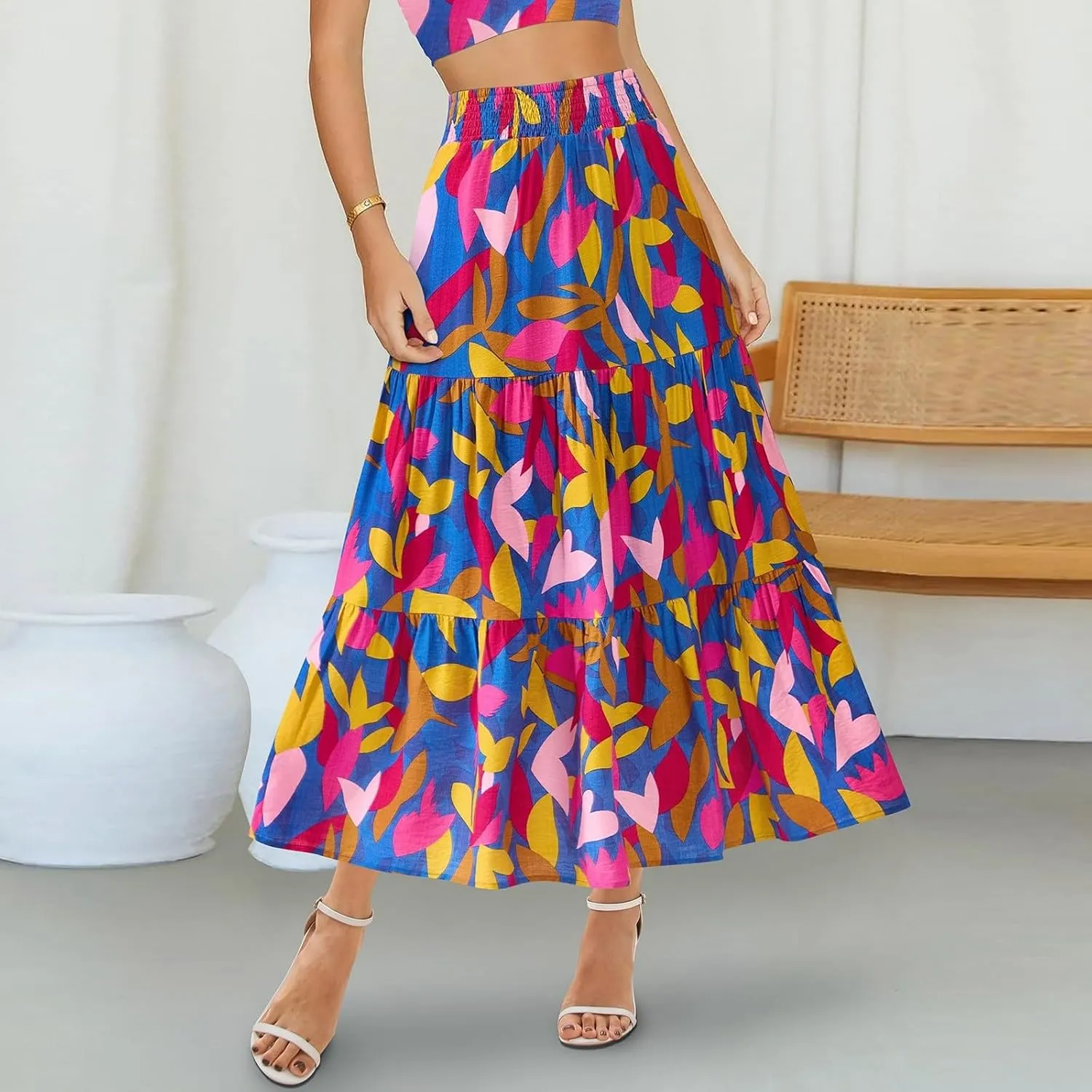 Women's Floral Print Midi Maxi Skirts: 2025 Summer Casual Aline Elastic High Waist Pleated Flowy Long Skirt Pockets