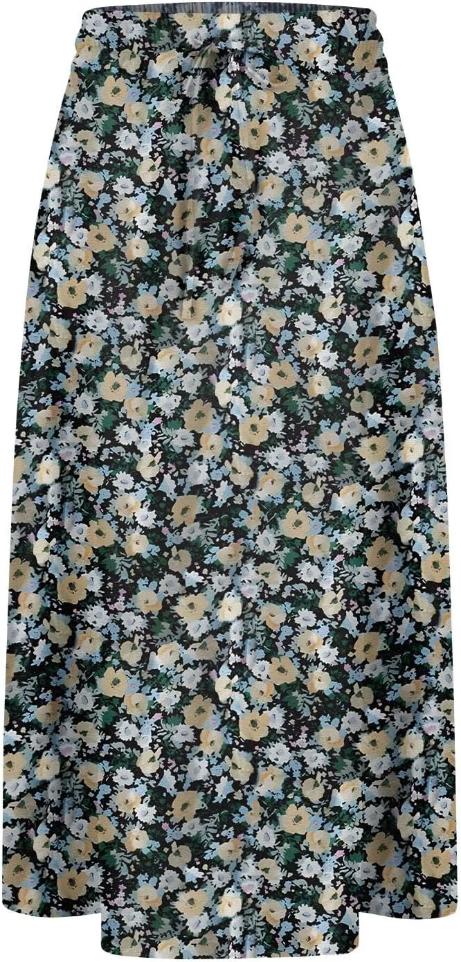 Women's Flowy Midi Skirts Elastic High Waist A-Line Casual Ruffle Skirts Pleated Boho Floral Skirts with Pockets