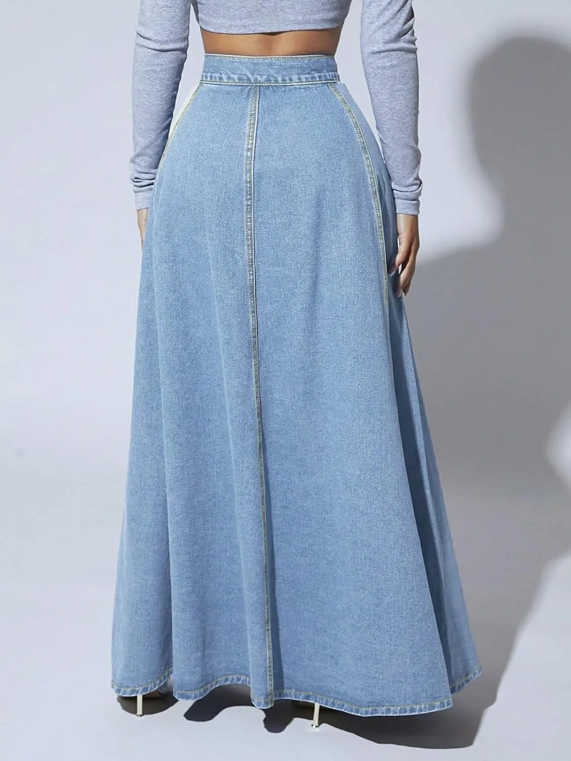 Women's Full-Length Denim Skirt High Waisted Button-Fly Flared Long Jean Skirts Flowy Denim Skirts