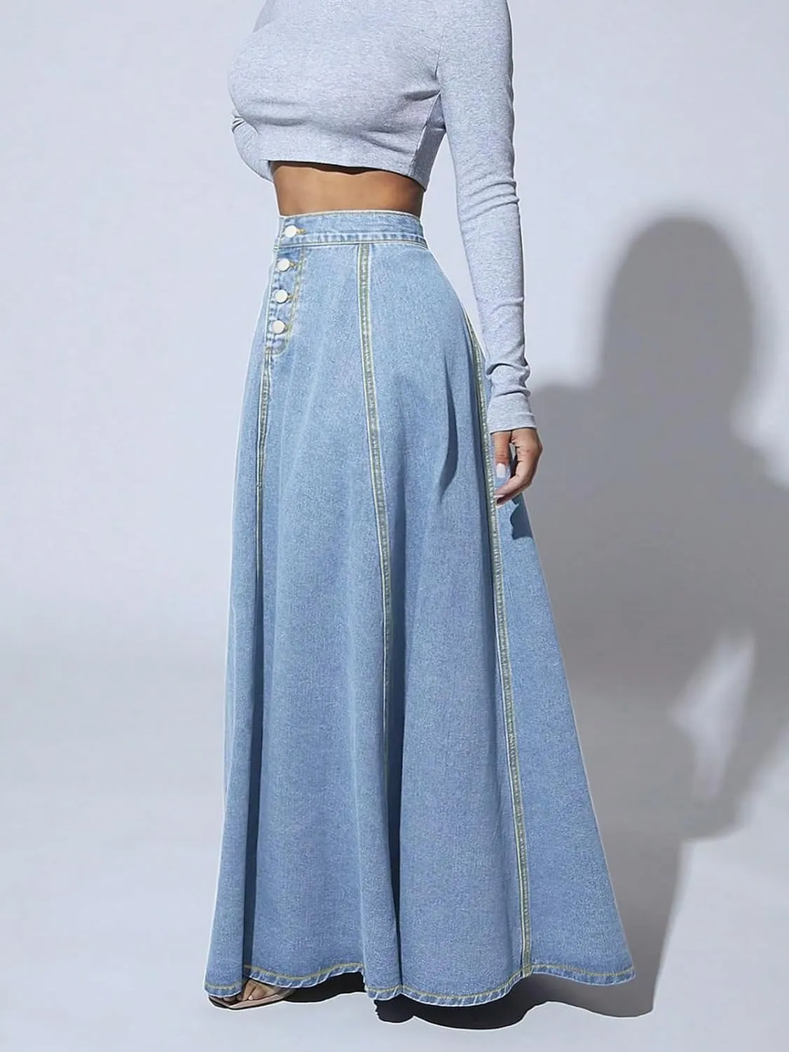 Women's Full-Length Denim Skirt High Waisted Button-Fly Flared Long Jean Skirts Flowy Denim Skirts