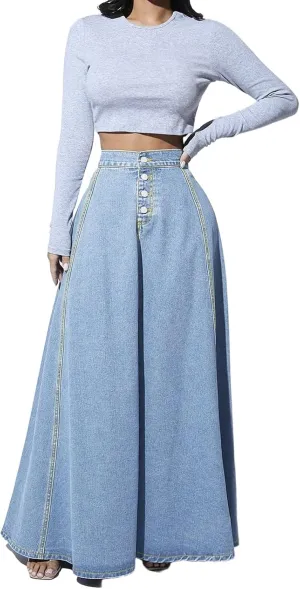 Women's Full-Length Denim Skirt High Waisted Button-Fly Flared Long Jean Skirts Flowy Denim Skirts
