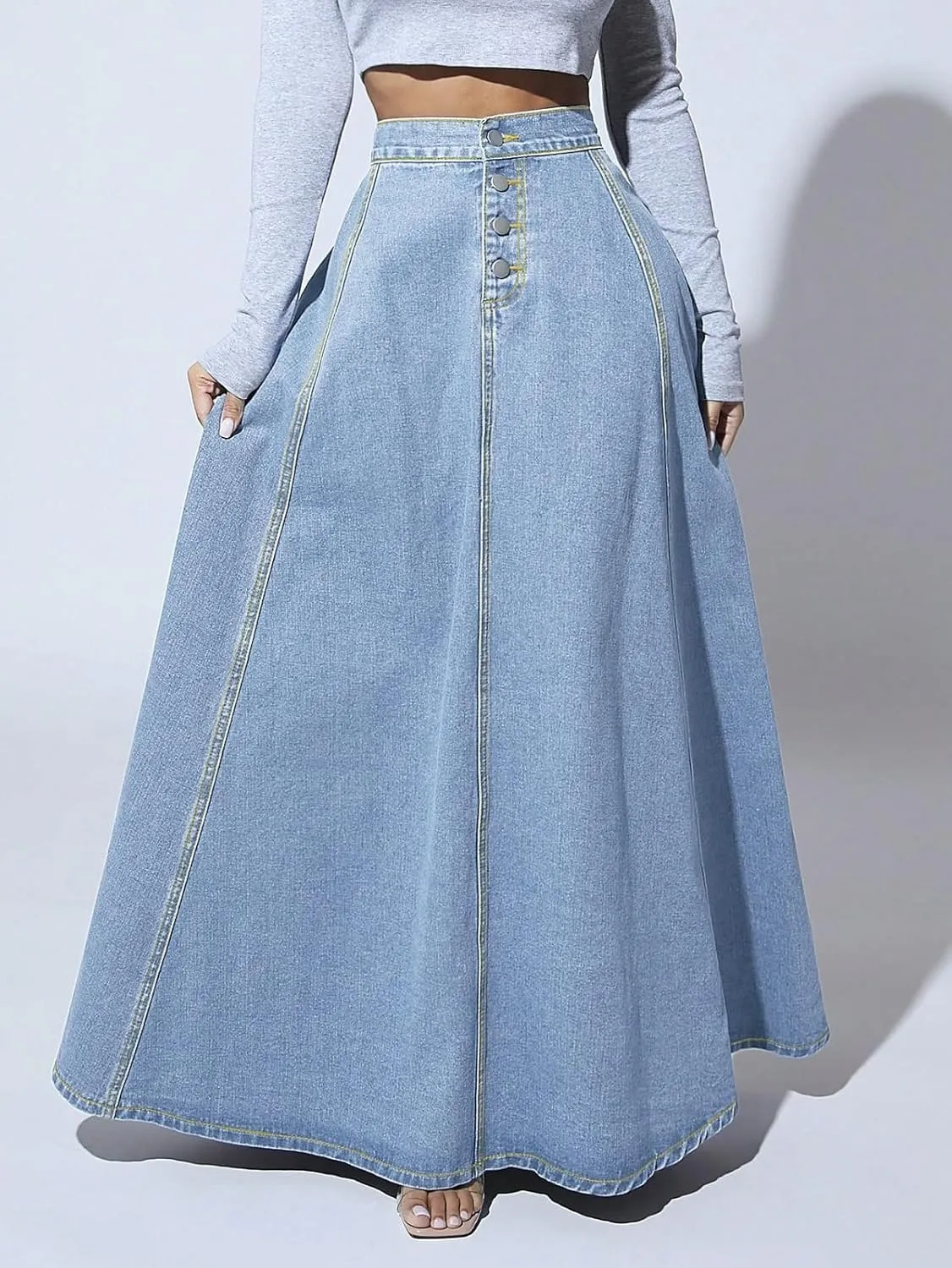 Women's Full-Length Denim Skirt High Waisted Button-Fly Flared Long Jean Skirts Flowy Denim Skirts