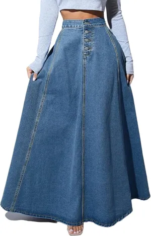 Women's Full-Length Denim Skirt High Waisted Button-Fly Flared Long Jean Skirts Flowy Denim Skirts
