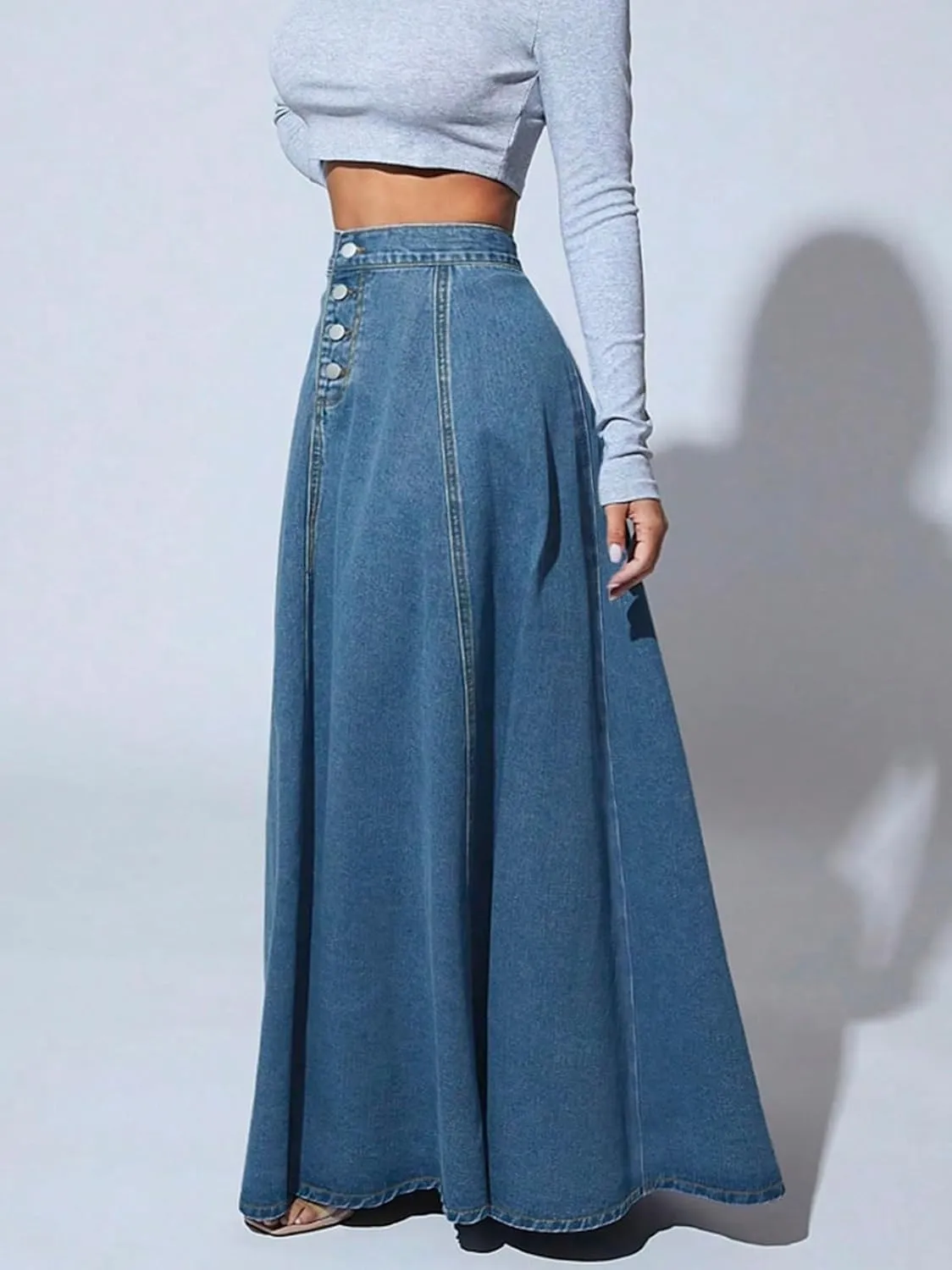 Women's Full-Length Denim Skirt High Waisted Button-Fly Flared Long Jean Skirts Flowy Denim Skirts