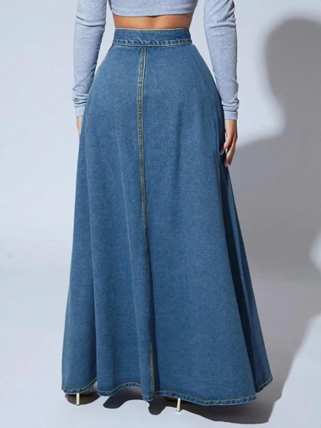 Women's Full-Length Denim Skirt High Waisted Button-Fly Flared Long Jean Skirts Flowy Denim Skirts