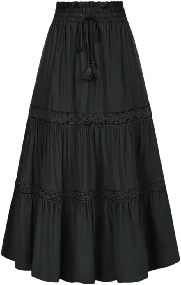 Womens High Waist A-Line Skirts Solid Color Tie Midi Casual Swing Skirt