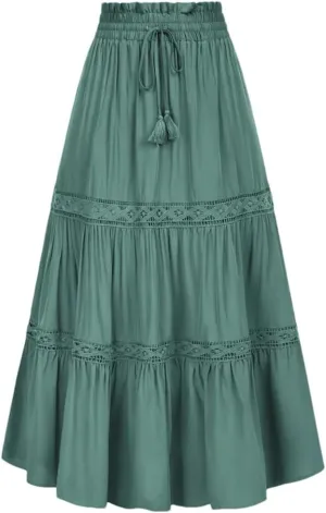 Womens High Waist A-Line Skirts Solid Color Tie Midi Casual Swing Skirt