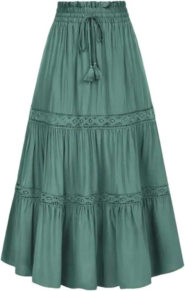 Womens High Waist A-Line Skirts Solid Color Tie Midi Casual Swing Skirt