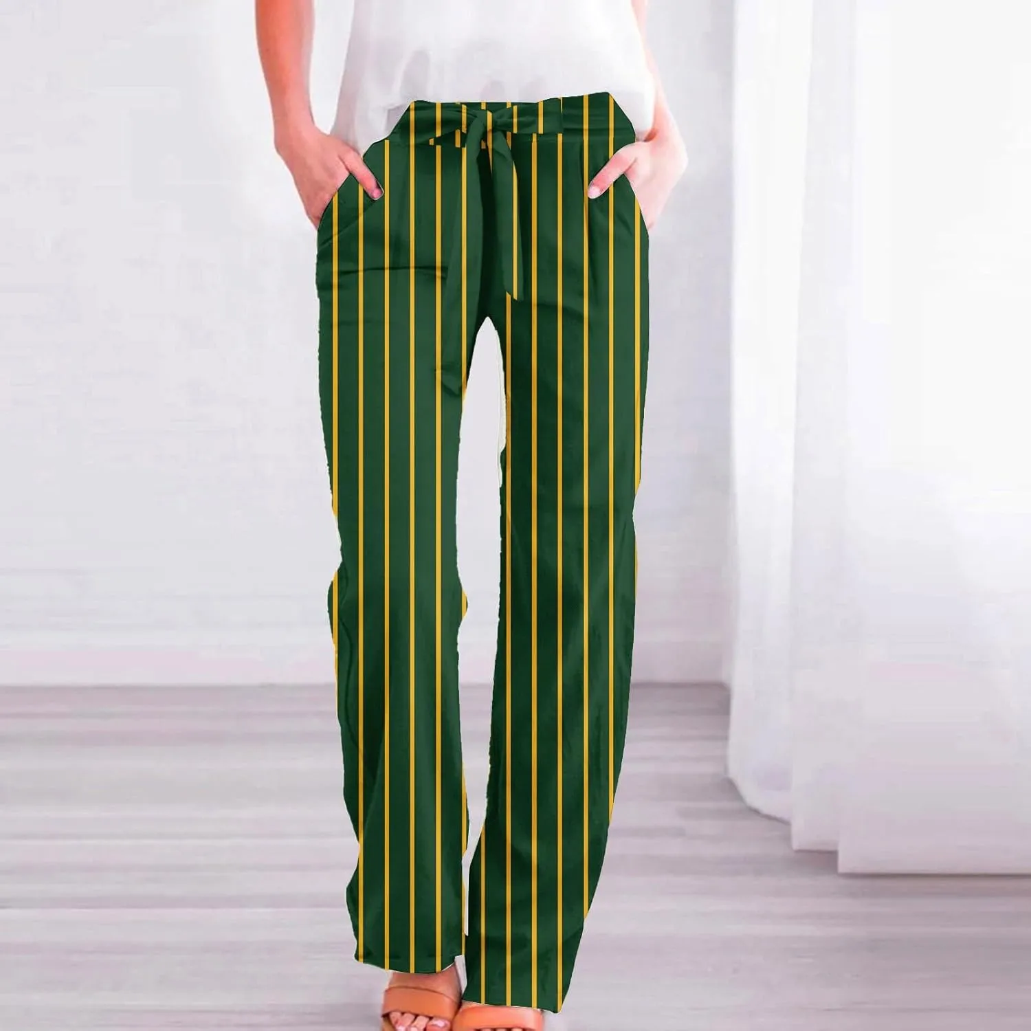 Womens High Waist Casual Linen Pants Adjustable Knot Drawstring Straight Leg Striped Print Lounge Trousers Pockets