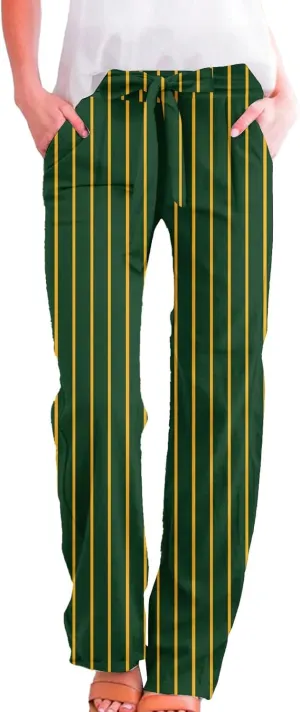 Womens High Waist Casual Linen Pants Adjustable Knot Drawstring Straight Leg Striped Print Lounge Trousers Pockets