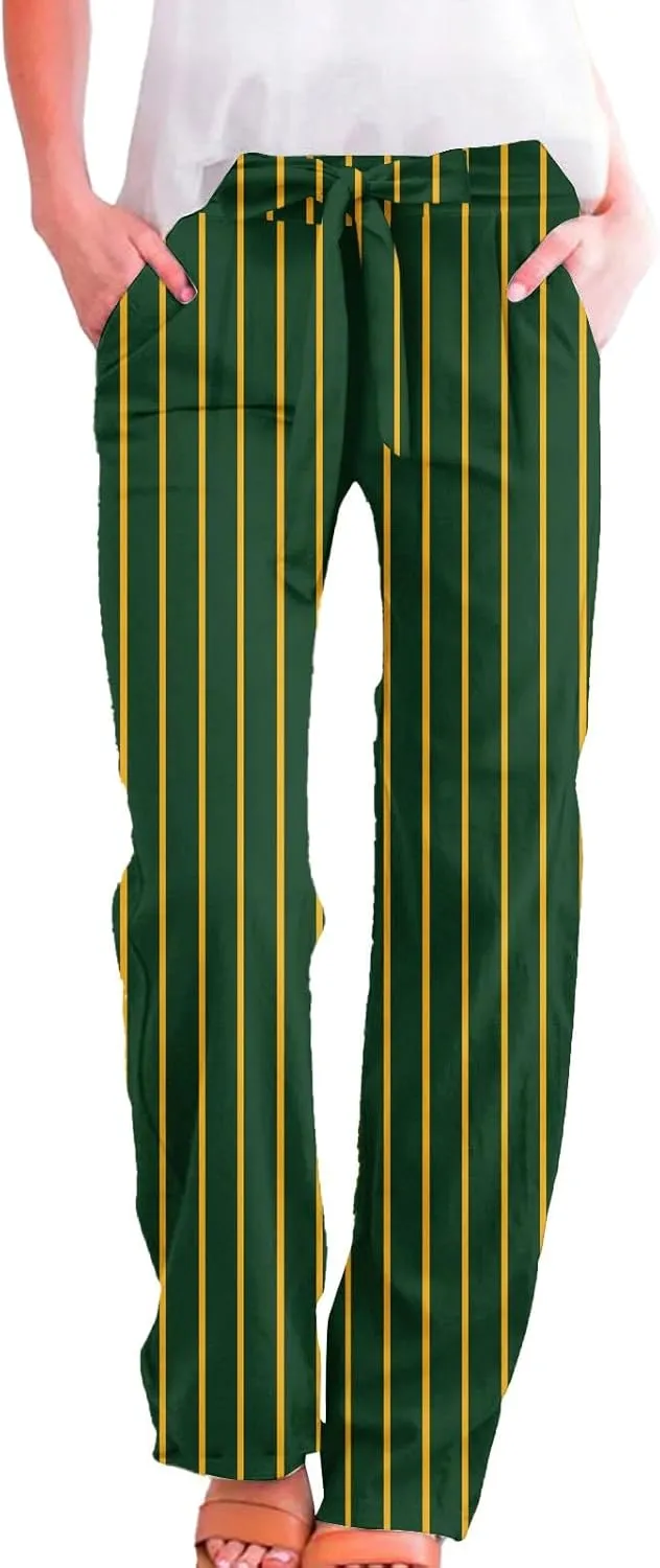 Womens High Waist Casual Linen Pants Adjustable Knot Drawstring Straight Leg Striped Print Lounge Trousers Pockets