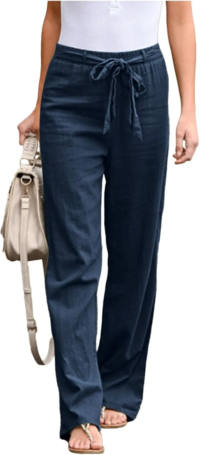 Women's Linen Blend Summer Solid Palazzo Pants High Waist Straight Plus Size Palazzo Lounge Pants Vacation