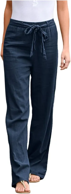 Women's Linen Blend Summer Solid Palazzo Pants High Waist Straight Plus Size Palazzo Lounge Pants Vacation