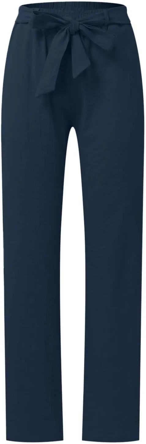 Women's Linen Blend Summer Solid Palazzo Pants High Waist Straight Plus Size Palazzo Lounge Pants Vacation