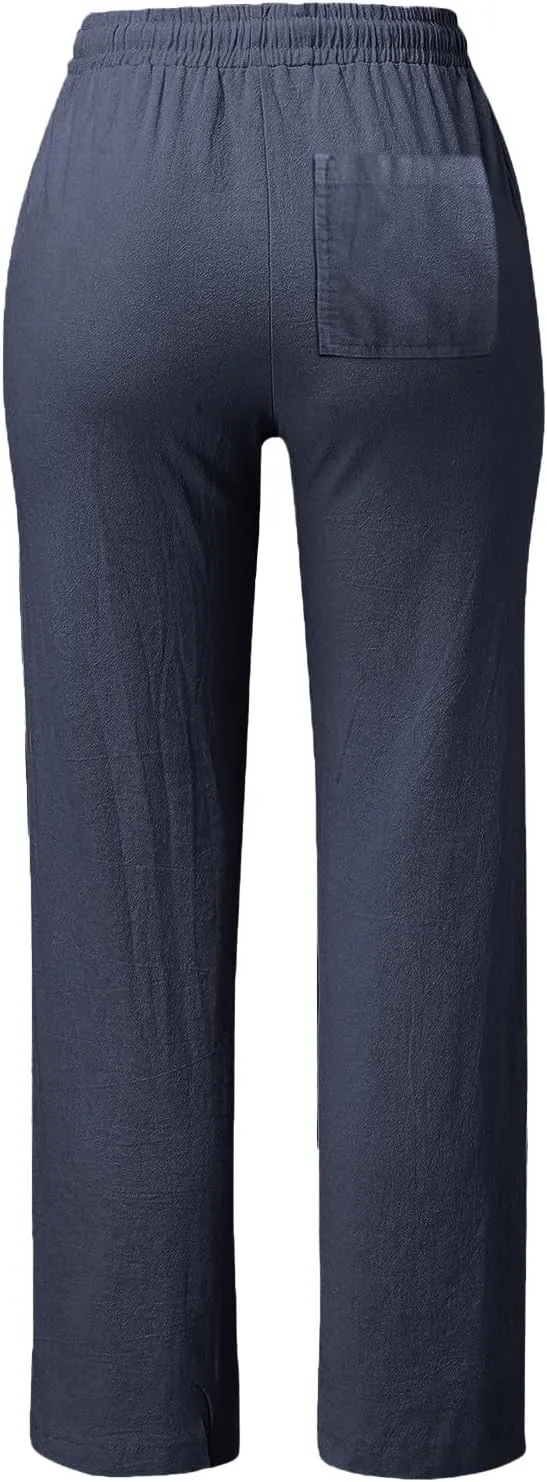 Women's Linen Casual Pants Summer Drawstring Straight Leg Trousers Lightweight Elastic Waist Cotton Pant with Pockets