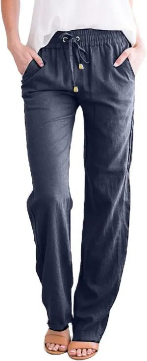Women's Linen Casual Pants Summer Drawstring Straight Leg Trousers Lightweight Elastic Waist Cotton Pant with Pockets