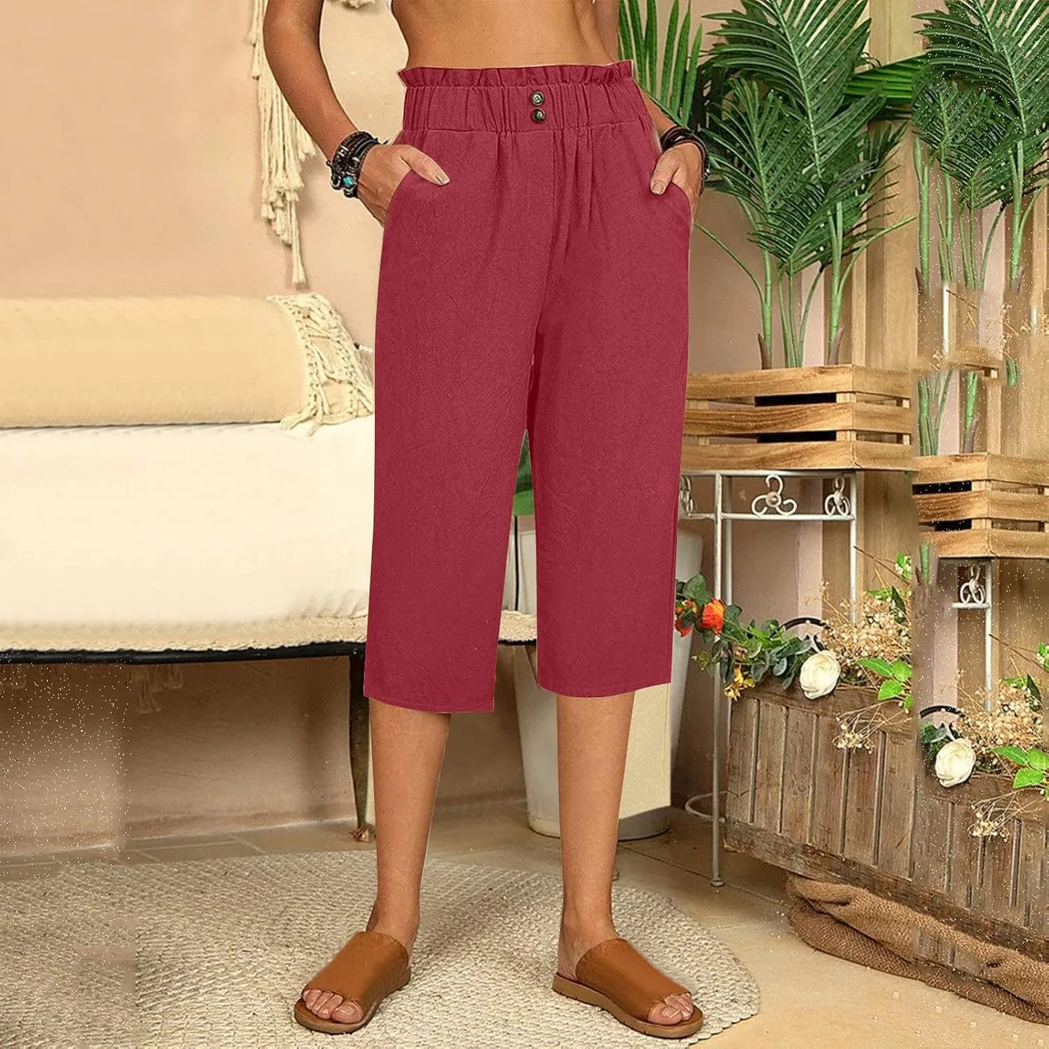 Women's Linen Pants Drawstring Elastic High Waist Capri Pants Summer Casual Wide Leg Plus Size Trousers with Pocket