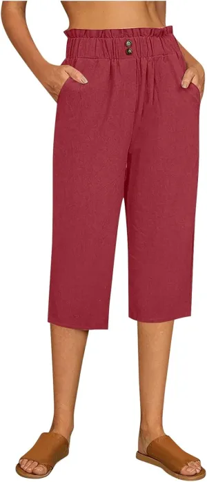 Women's Linen Pants Drawstring Elastic High Waist Capri Pants Summer Casual Wide Leg Plus Size Trousers with Pocket