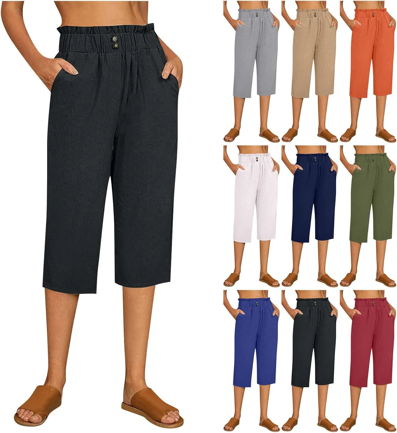 Women's Linen Pants Drawstring Elastic High Waist Capri Pants Summer Casual Wide Leg Plus Size Trousers with Pocket