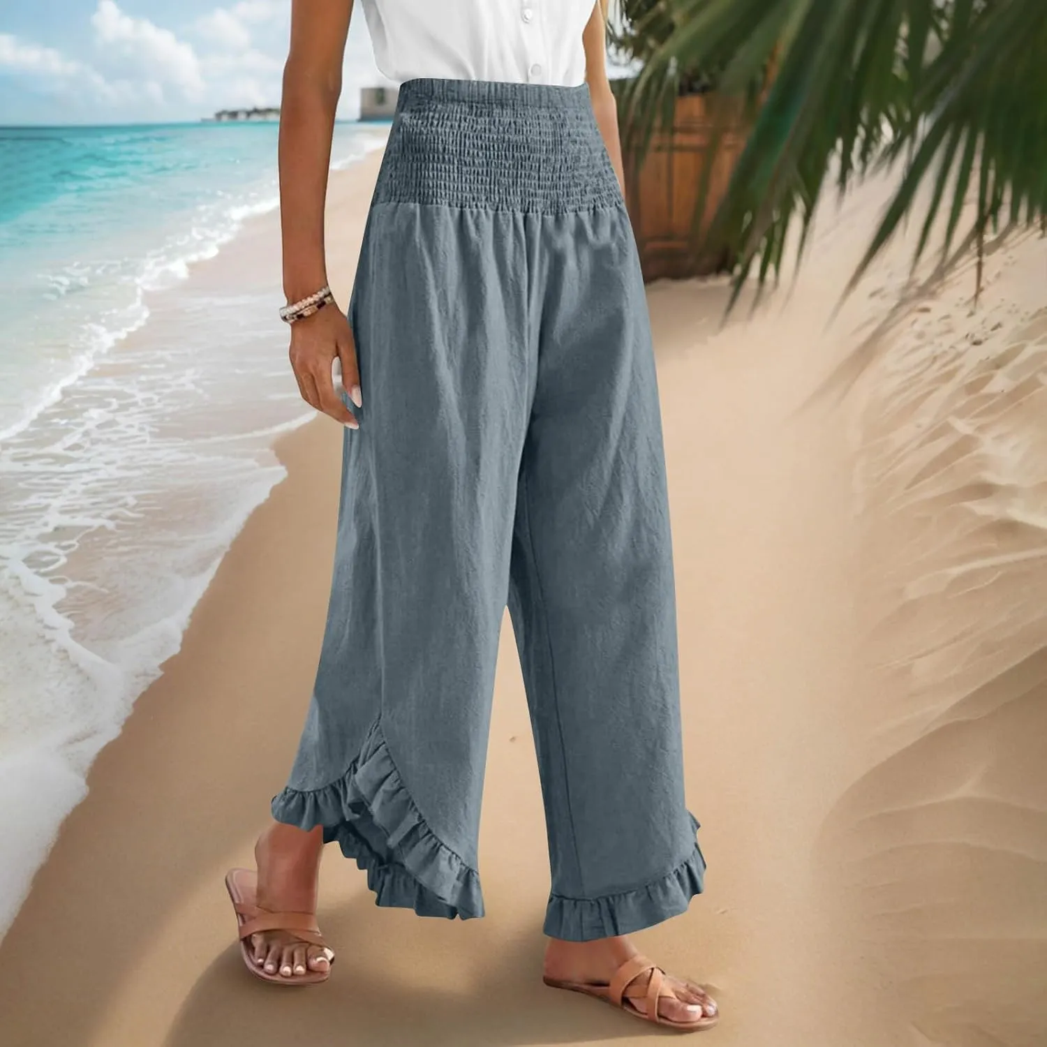 Womens Linen Pants Summer Wide Leg Pants Smocked Waist Ruffle Hem Palazzo Pant Flowy Beach Vacation Clothes with Pocket