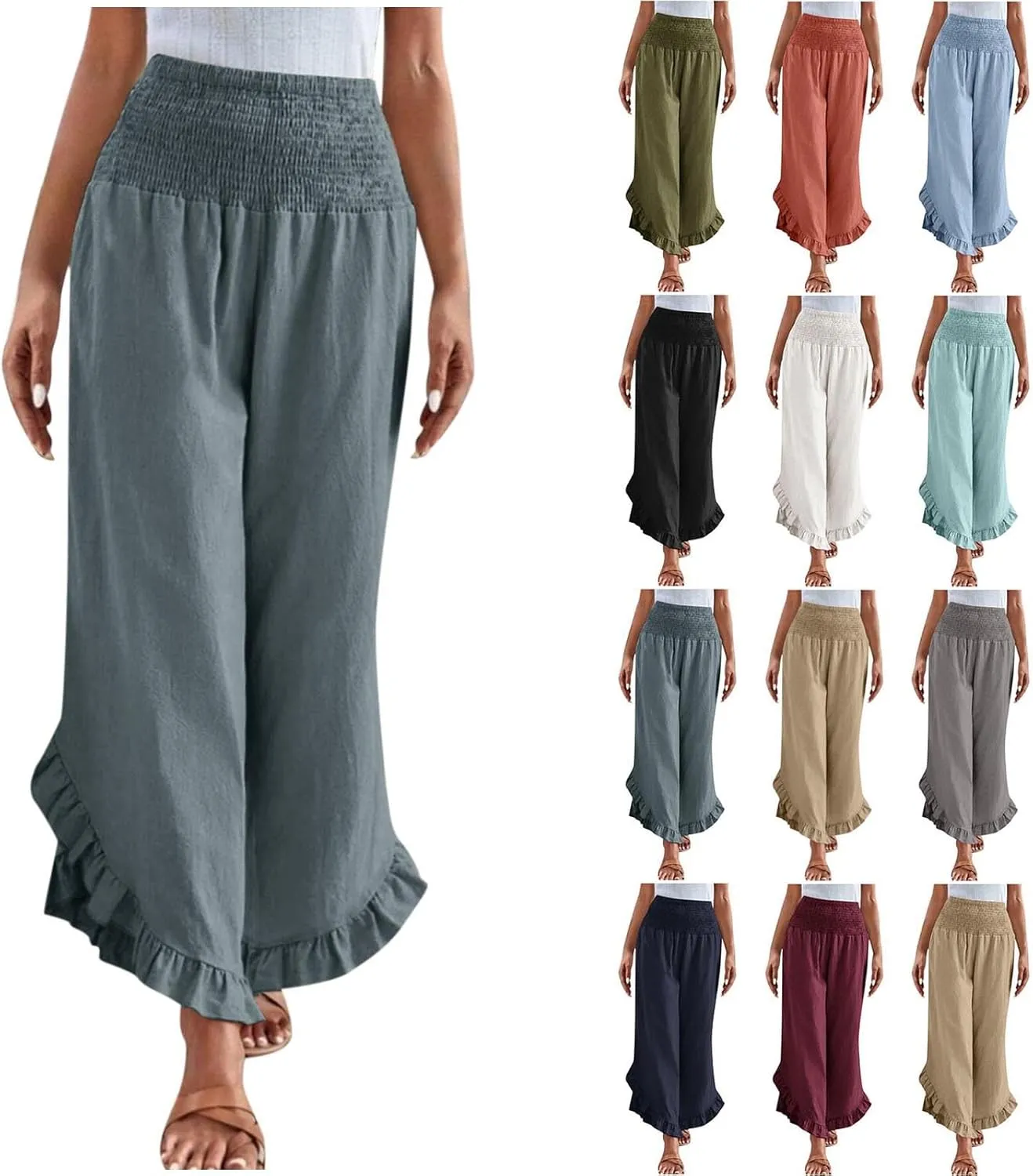 Womens Linen Pants Summer Wide Leg Pants Smocked Waist Ruffle Hem Palazzo Pant Flowy Beach Vacation Clothes with Pocket