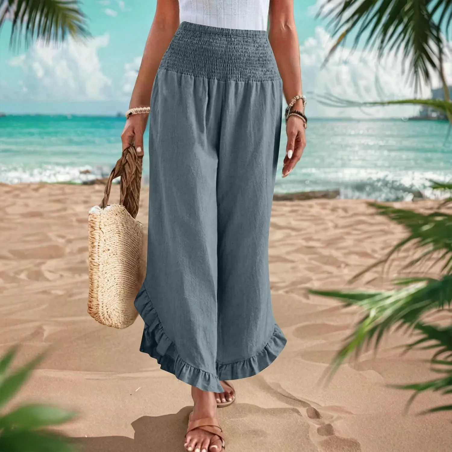 Womens Linen Pants Summer Wide Leg Pants Smocked Waist Ruffle Hem Palazzo Pant Flowy Beach Vacation Clothes with Pocket