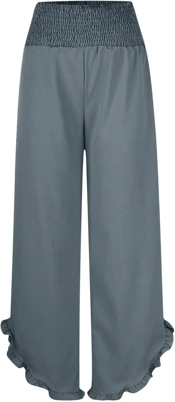 Womens Linen Pants Summer Wide Leg Pants Smocked Waist Ruffle Hem Palazzo Pant Flowy Beach Vacation Clothes with Pocket