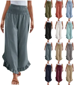Womens Linen Pants Summer Wide Leg Pants Smocked Waist Ruffle Hem Palazzo Pant Flowy Beach Vacation Clothes with Pocket