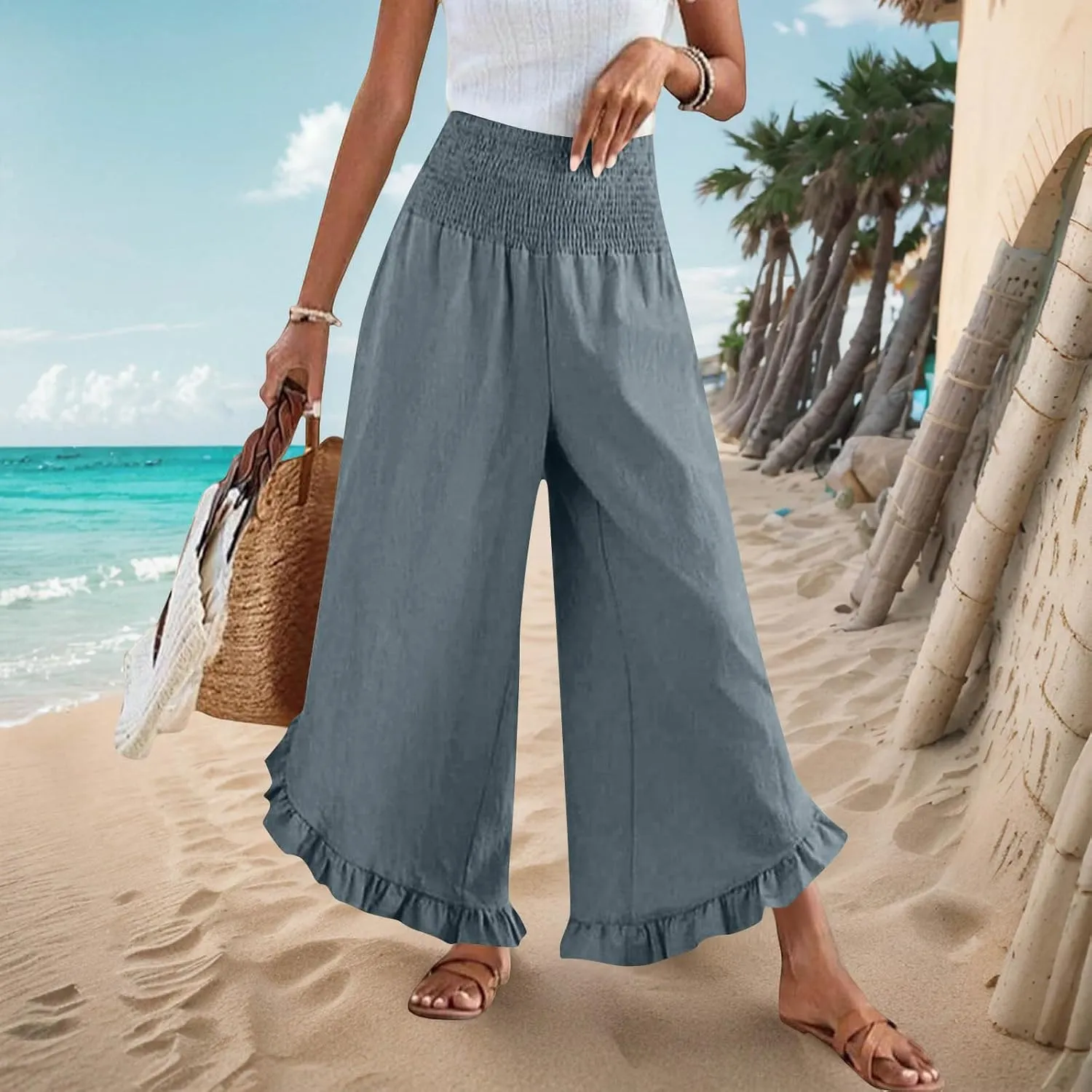 Womens Linen Pants Summer Wide Leg Pants Smocked Waist Ruffle Hem Palazzo Pant Flowy Beach Vacation Clothes with Pocket