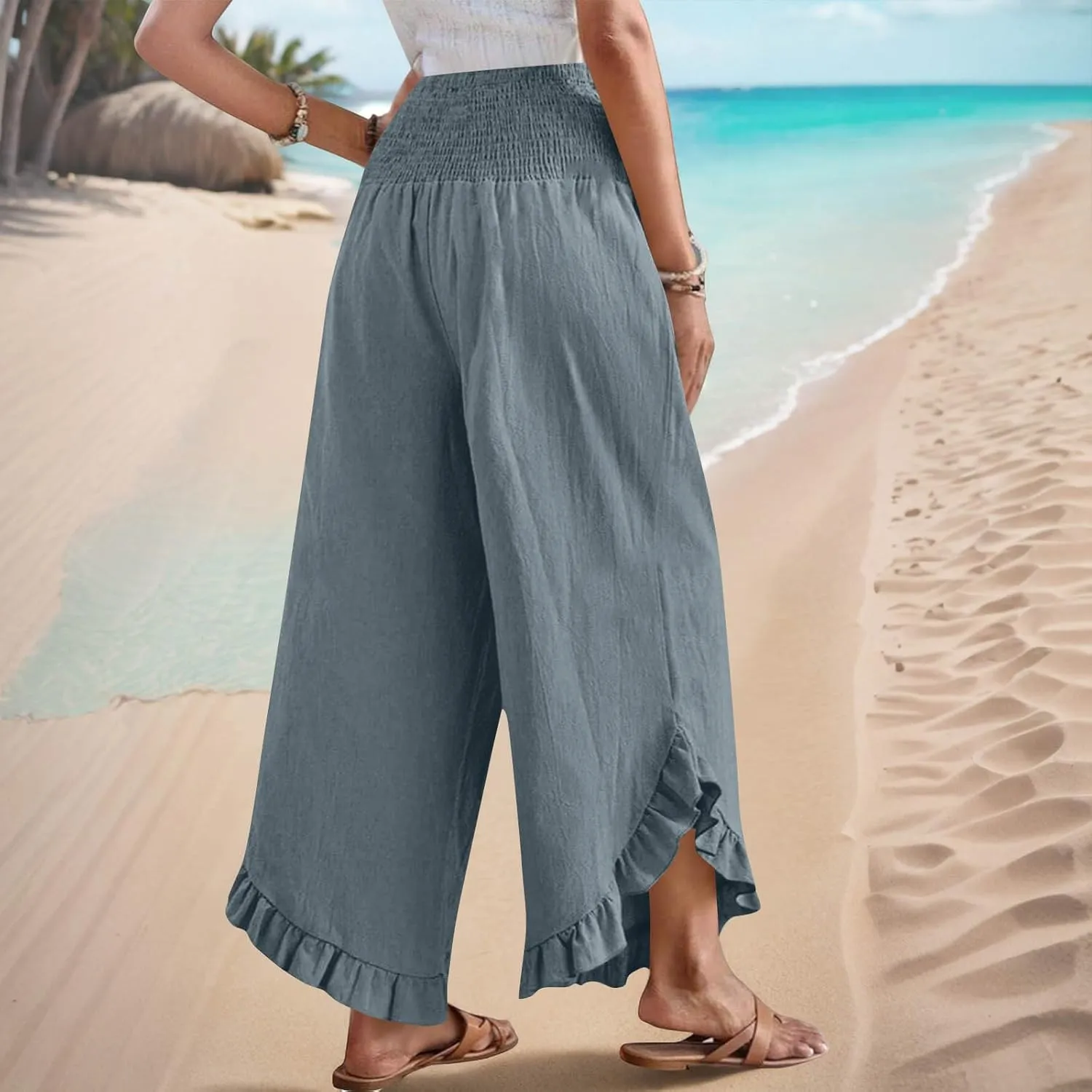 Womens Linen Pants Summer Wide Leg Pants Smocked Waist Ruffle Hem Palazzo Pant Flowy Beach Vacation Clothes with Pocket